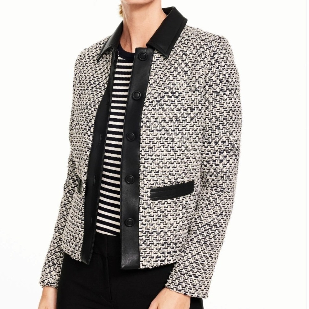 NWT Talbots Tweed Jacket Black Faux Leather Trim Button Front Size 12